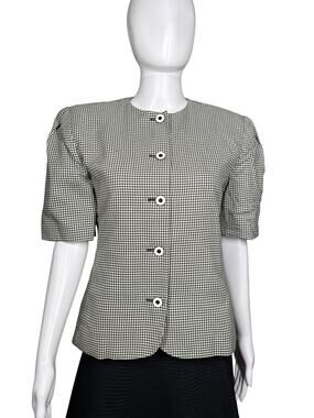 Carlisle Vintage 80S Black White Houndstooth Puff Sleeve Button Front Top Small